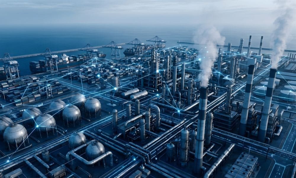 High-tech factory with interconnected systems