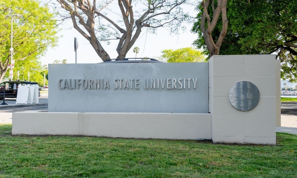 University sign with trees in background