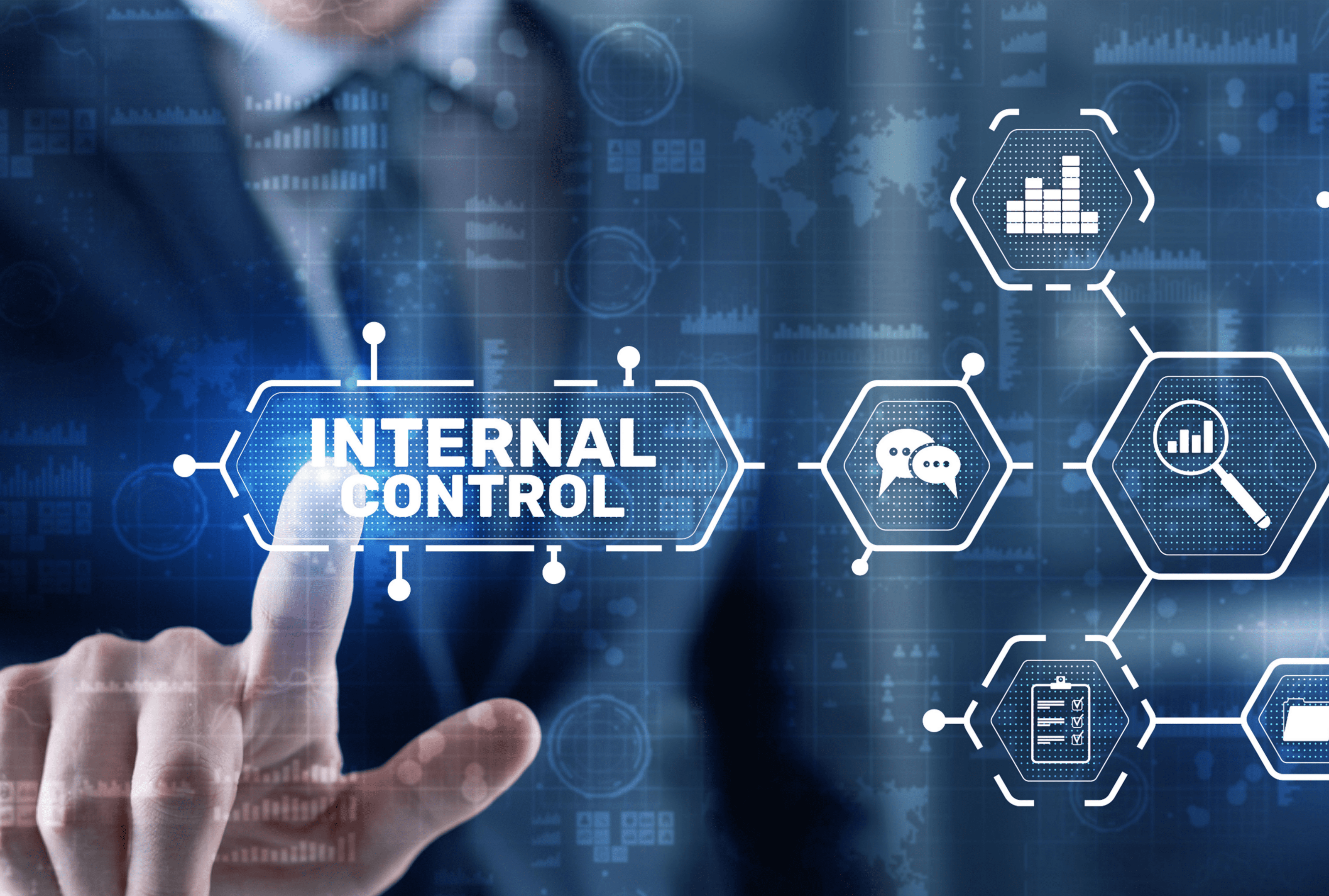 Businessman interacting with digital interface labeled 'Internal Control'.