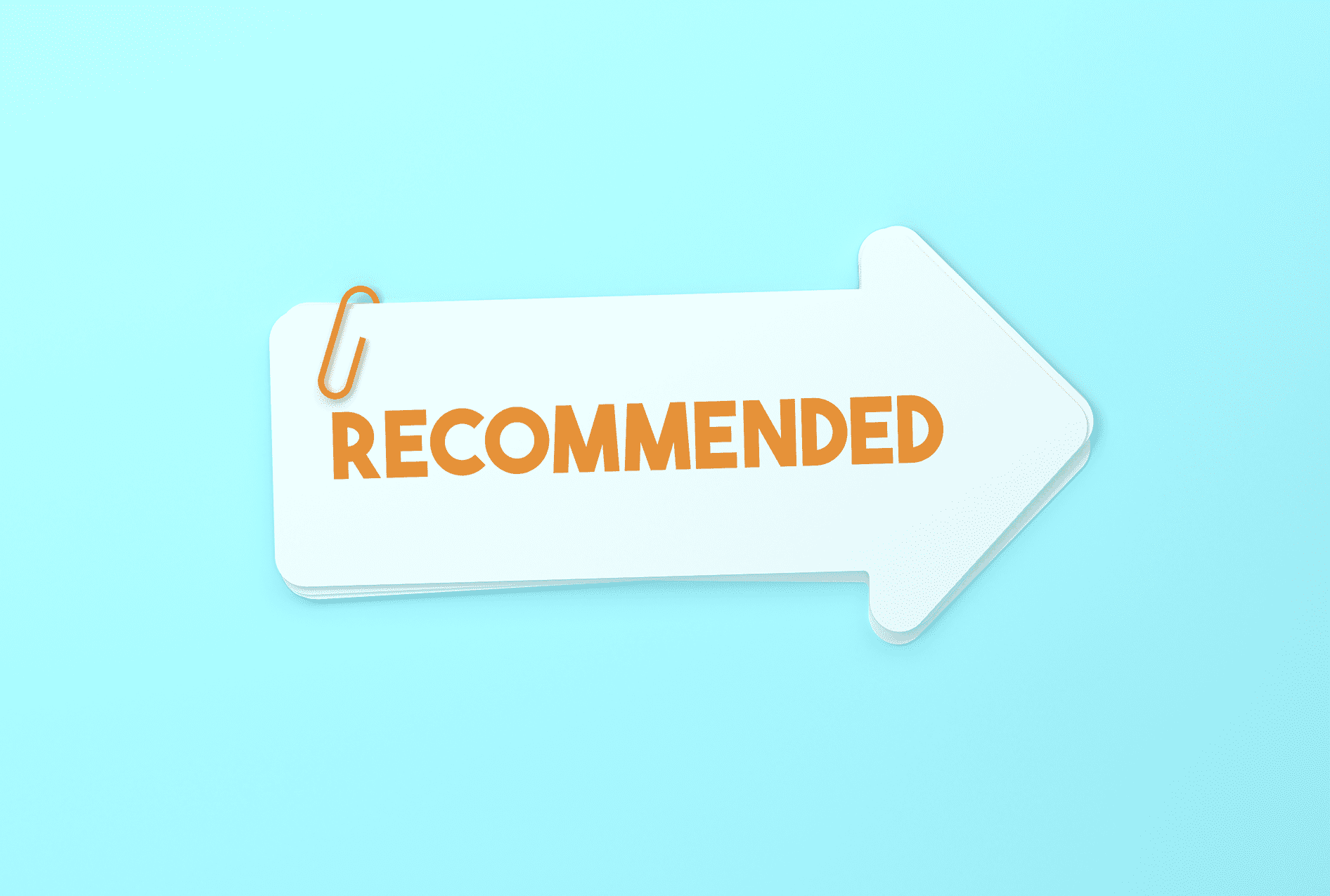 A white arrow-shaped tag with "RECOMMENDED" in orange, clipped by a paperclip.