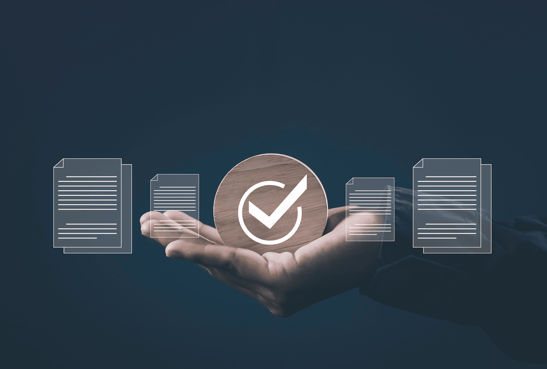 Hand holding a digital checkmark symbolizing approval or verification.