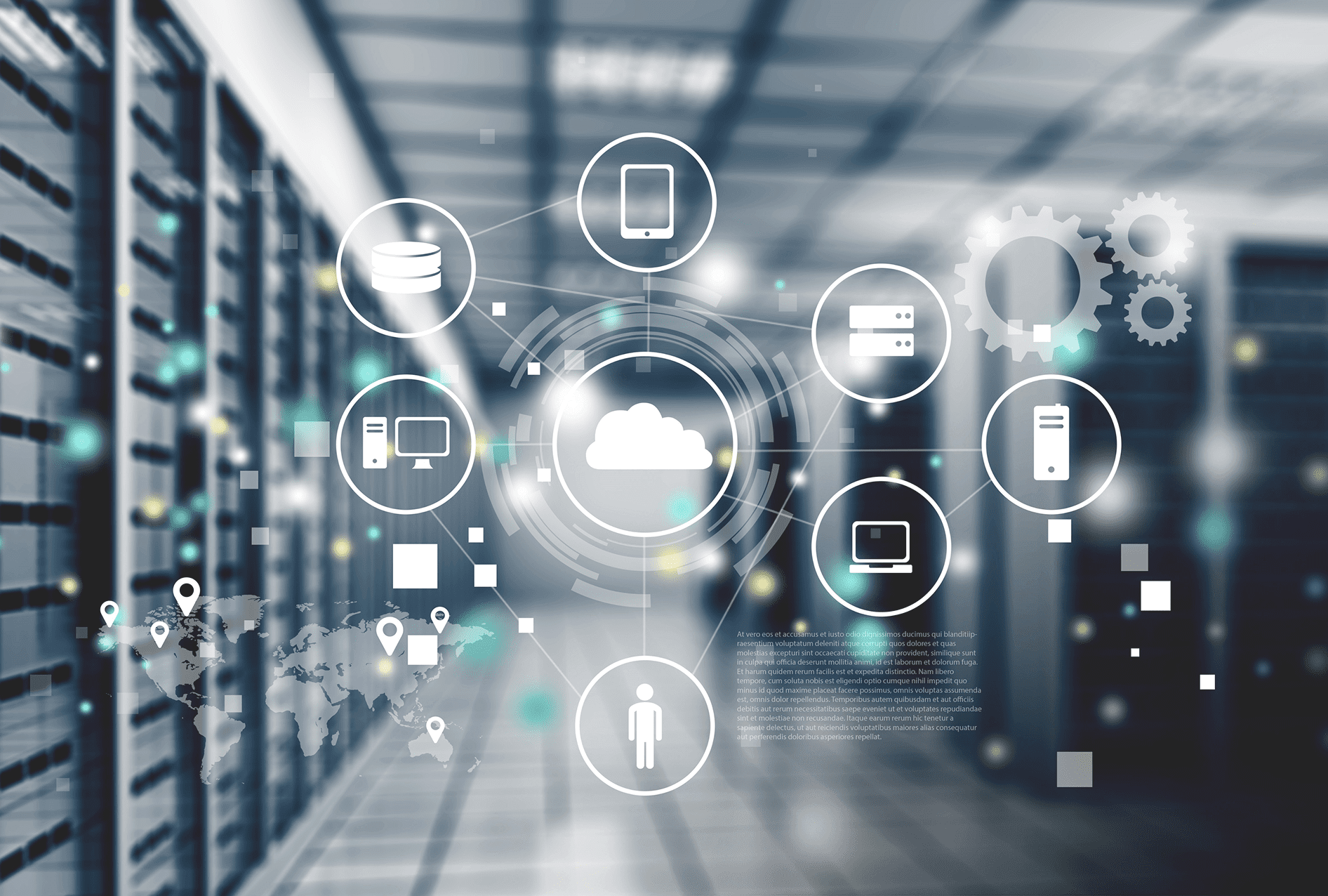 Digital network icons overlaying a blurred data center corridor.