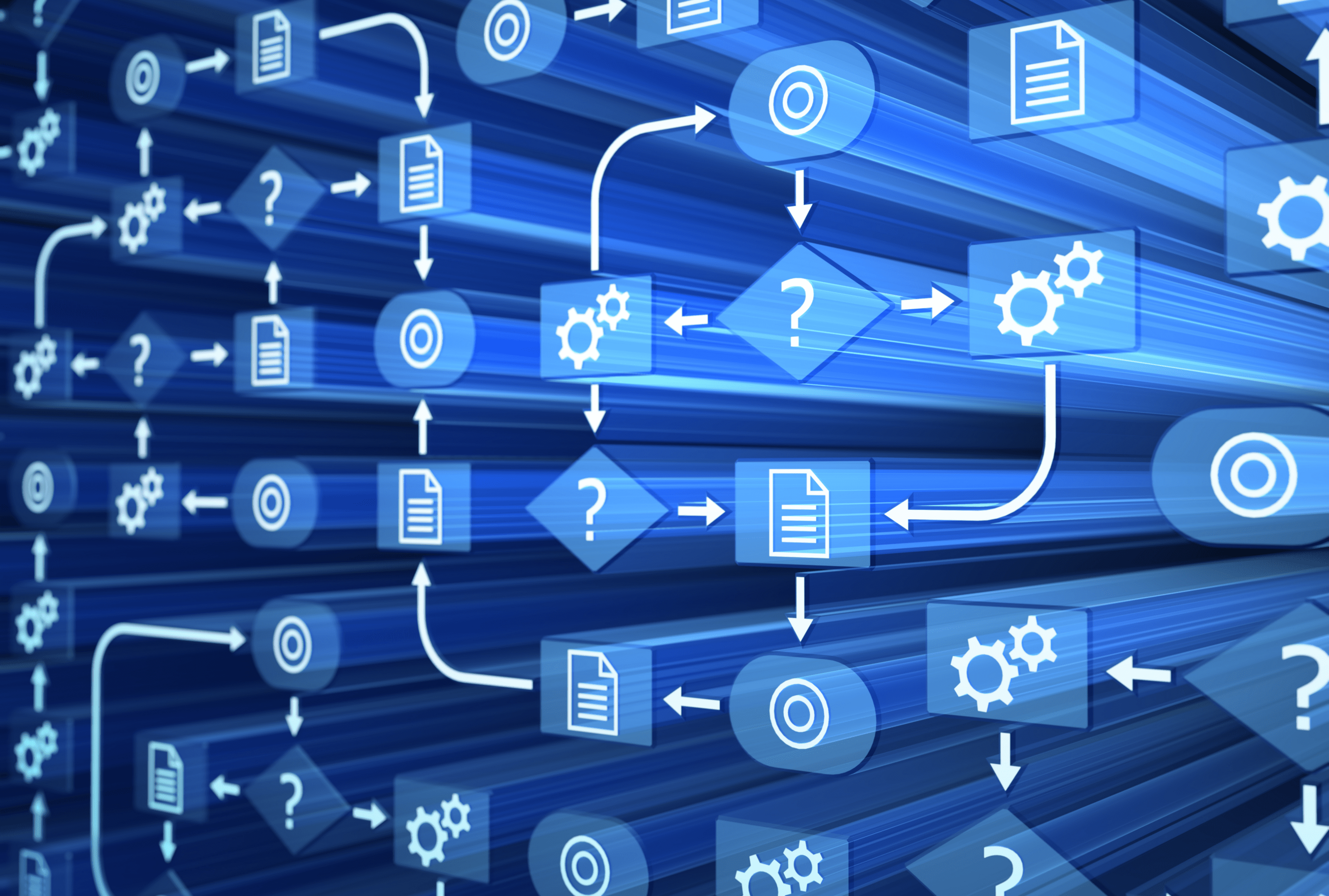 Digital data streams with icons representing files and settings flow through a futuristic interface.