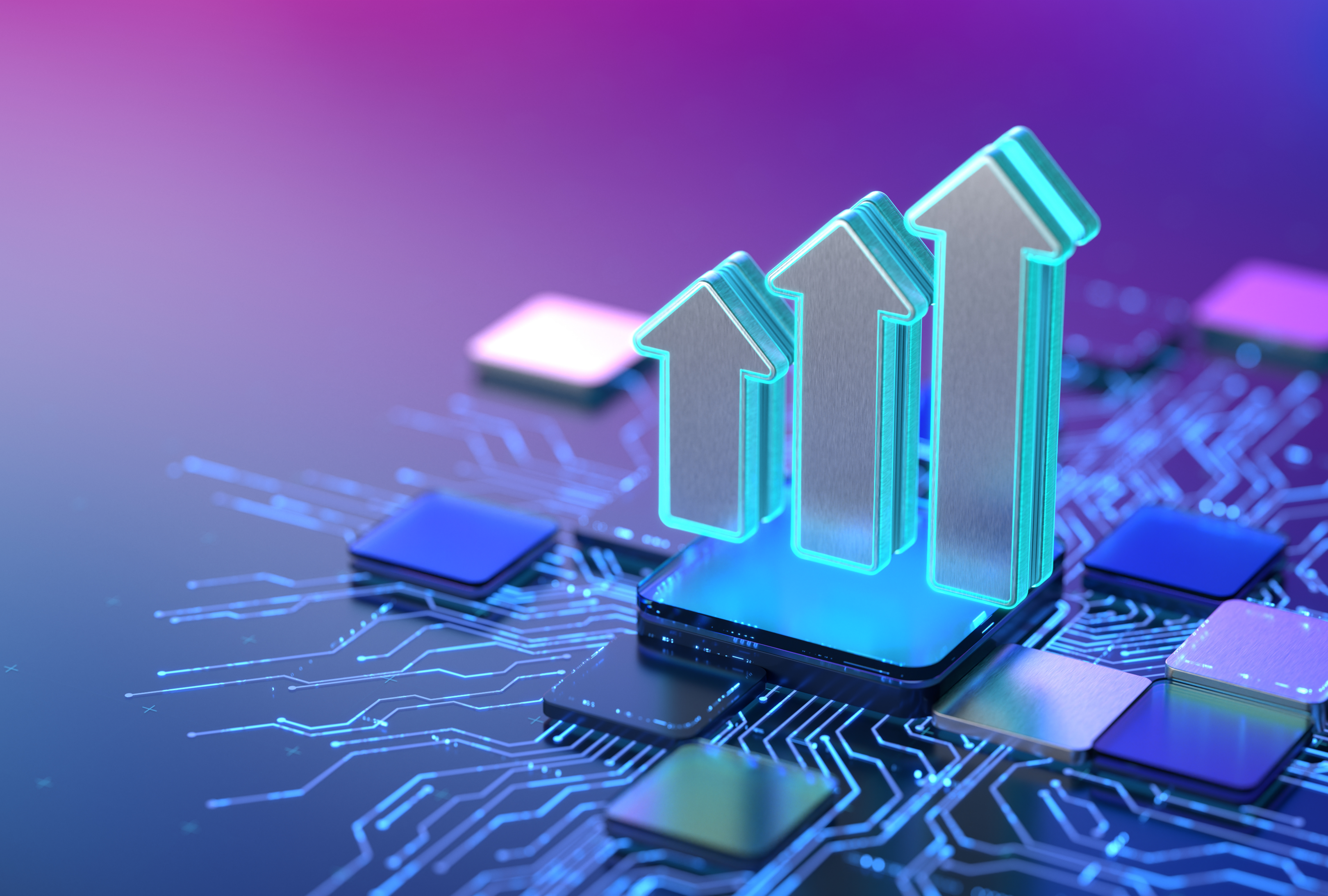 Digital growth concept with upward arrows on a circuit board.