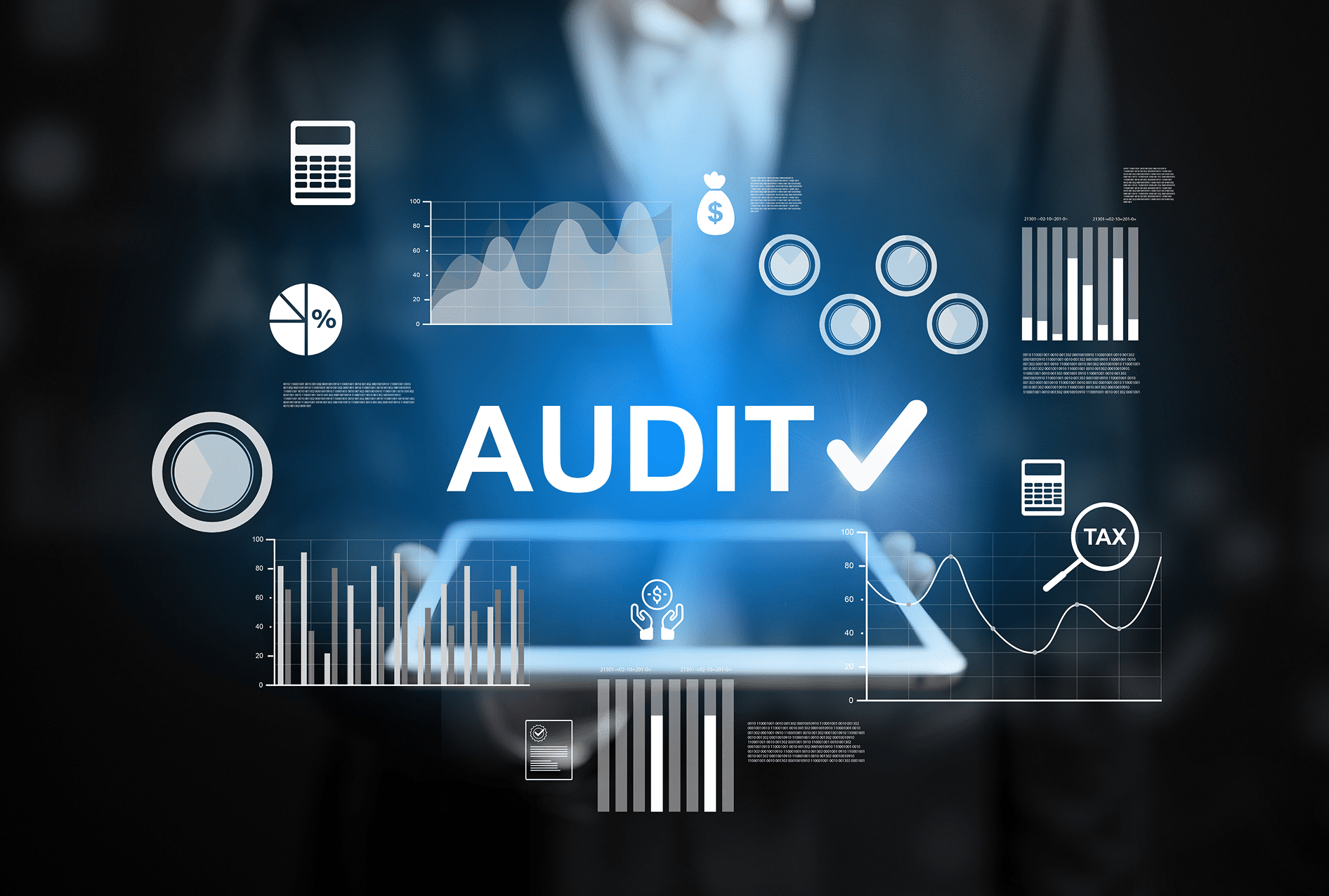 Digital audit concept with technology and data visuals.