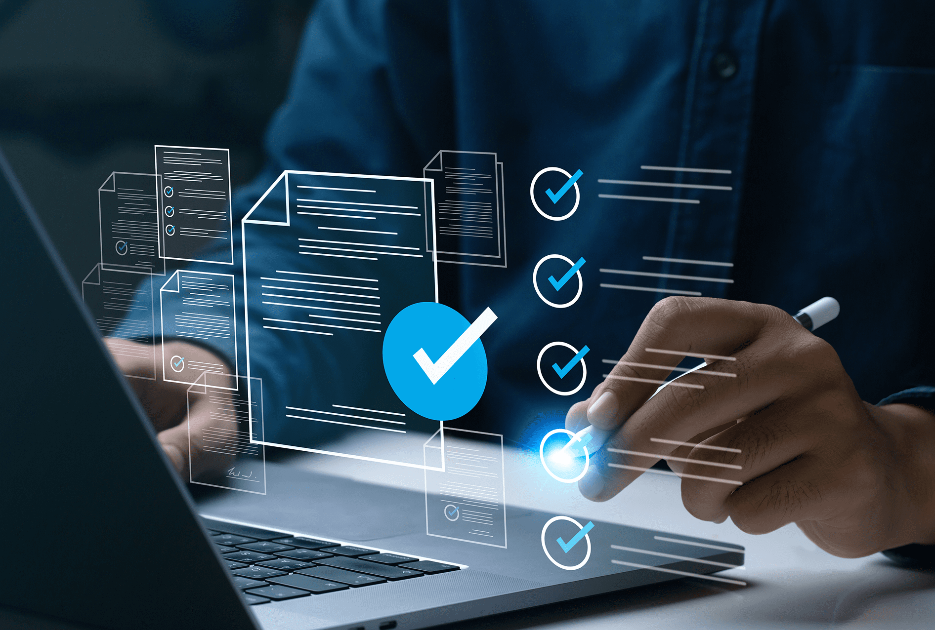 Person interacts with virtual checklists over a laptop screen.
