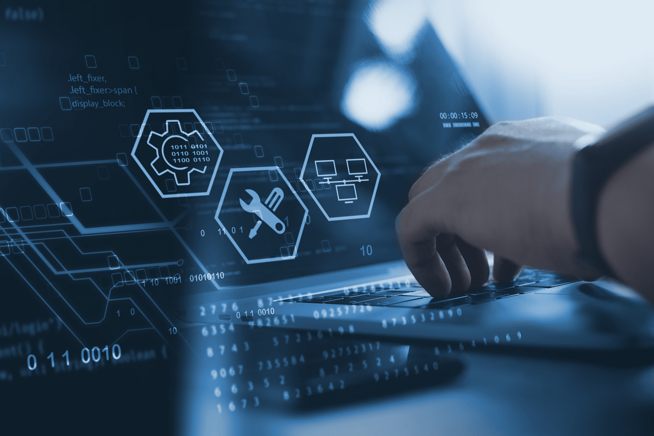 Hand interacting with futuristic digital interface and technology icons.